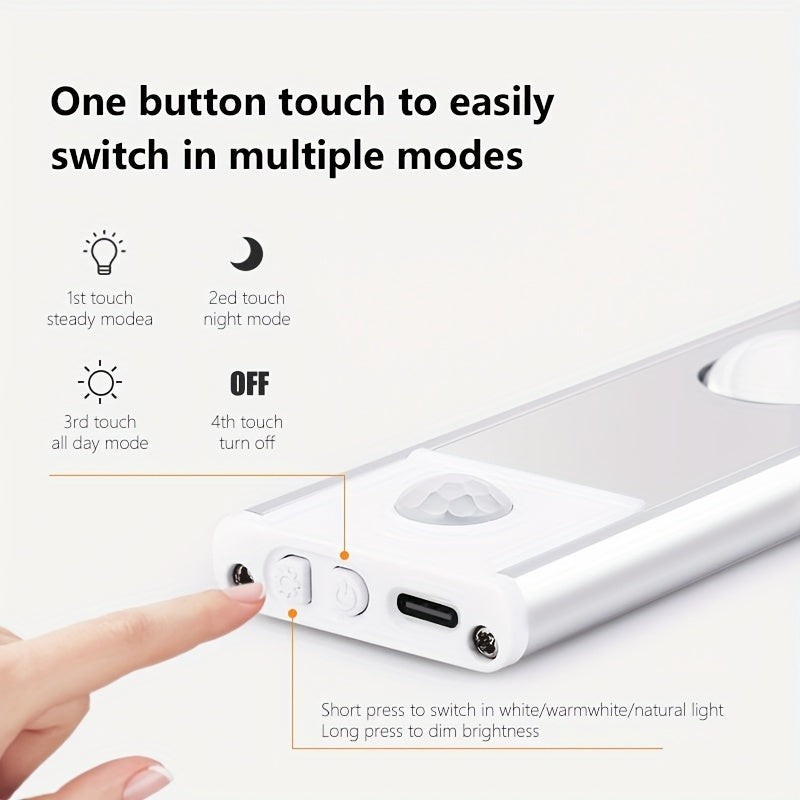 Ultra-thin LED motion sensor light with stepless dimming, 3 color modes, USB charging